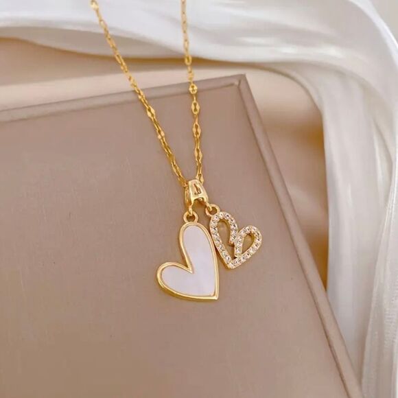 Diamond Double Heart Gold Necklace - Picture 2 of 6